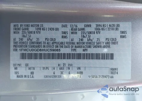 2017 Ford Escape Se z USA, uszkodzony, nr VIN 1FMCU0GD8HUC59085